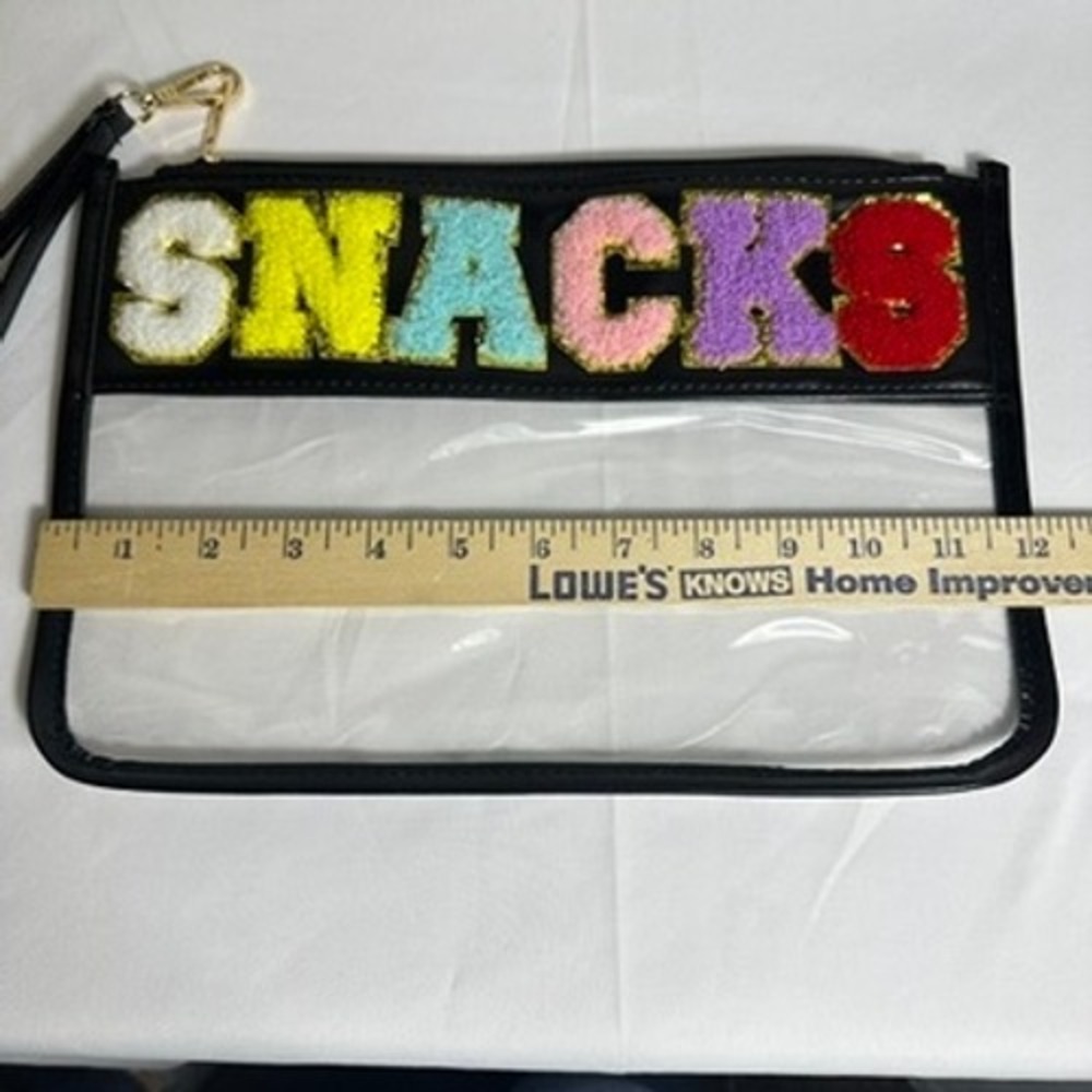 Clear Reusable SNACKS bag Vinyl Pouch Clutch Wristlet Bag Varsity Letters - Picture 7 of 8